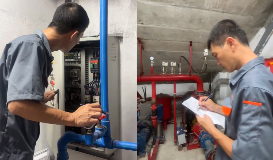 A technician inspecting the building